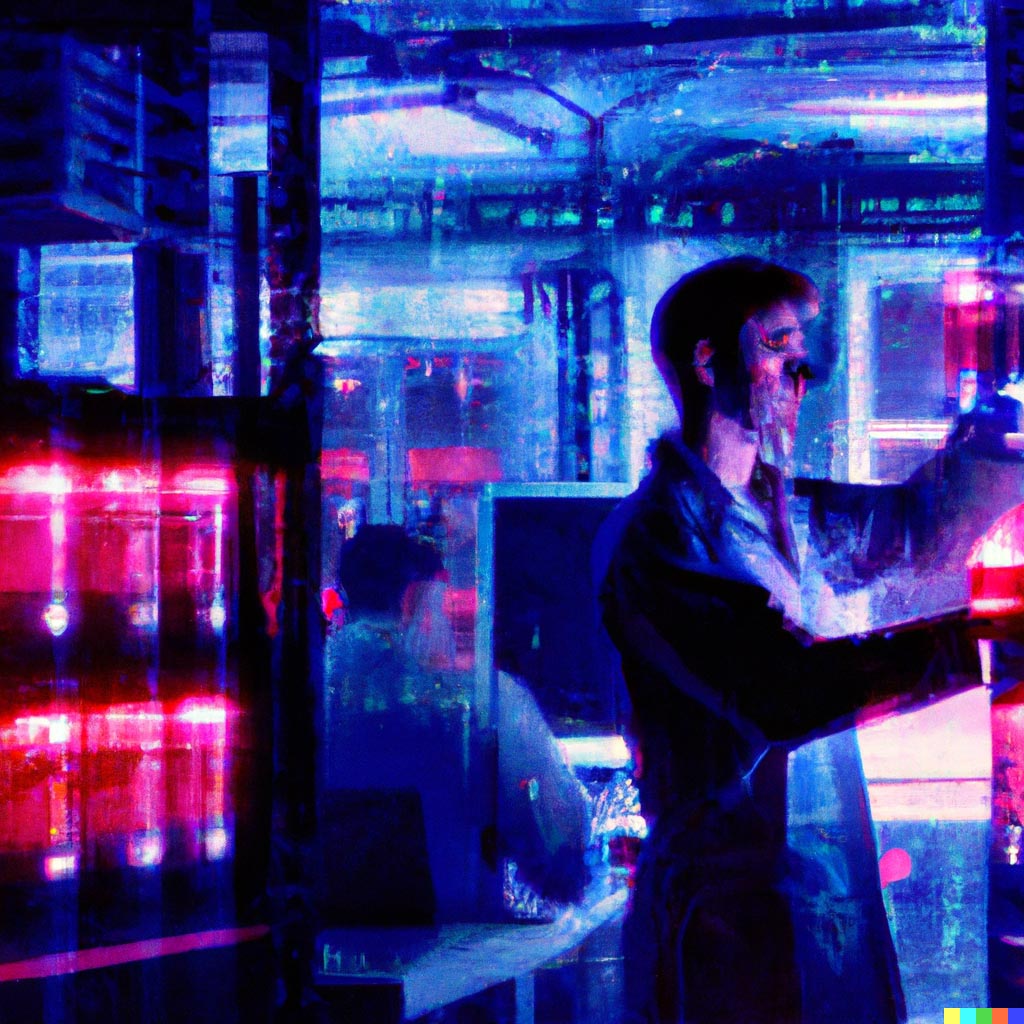 DALL·E prompt: data scientist mixing lab beakers in a server room with blinking red and blue lights, high detail from space odyssey 2001 digital painting